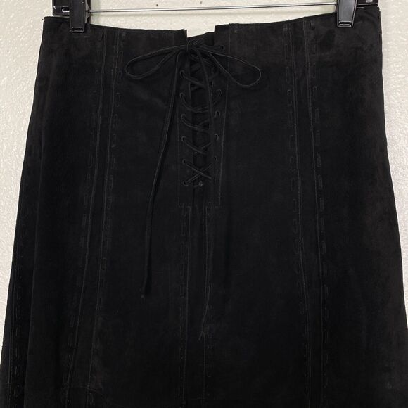 Asos Skirt Womens 6 Suede Leather Lace Up Heavy Stitch Detail Midi Black Boho - Picture 2 of 11